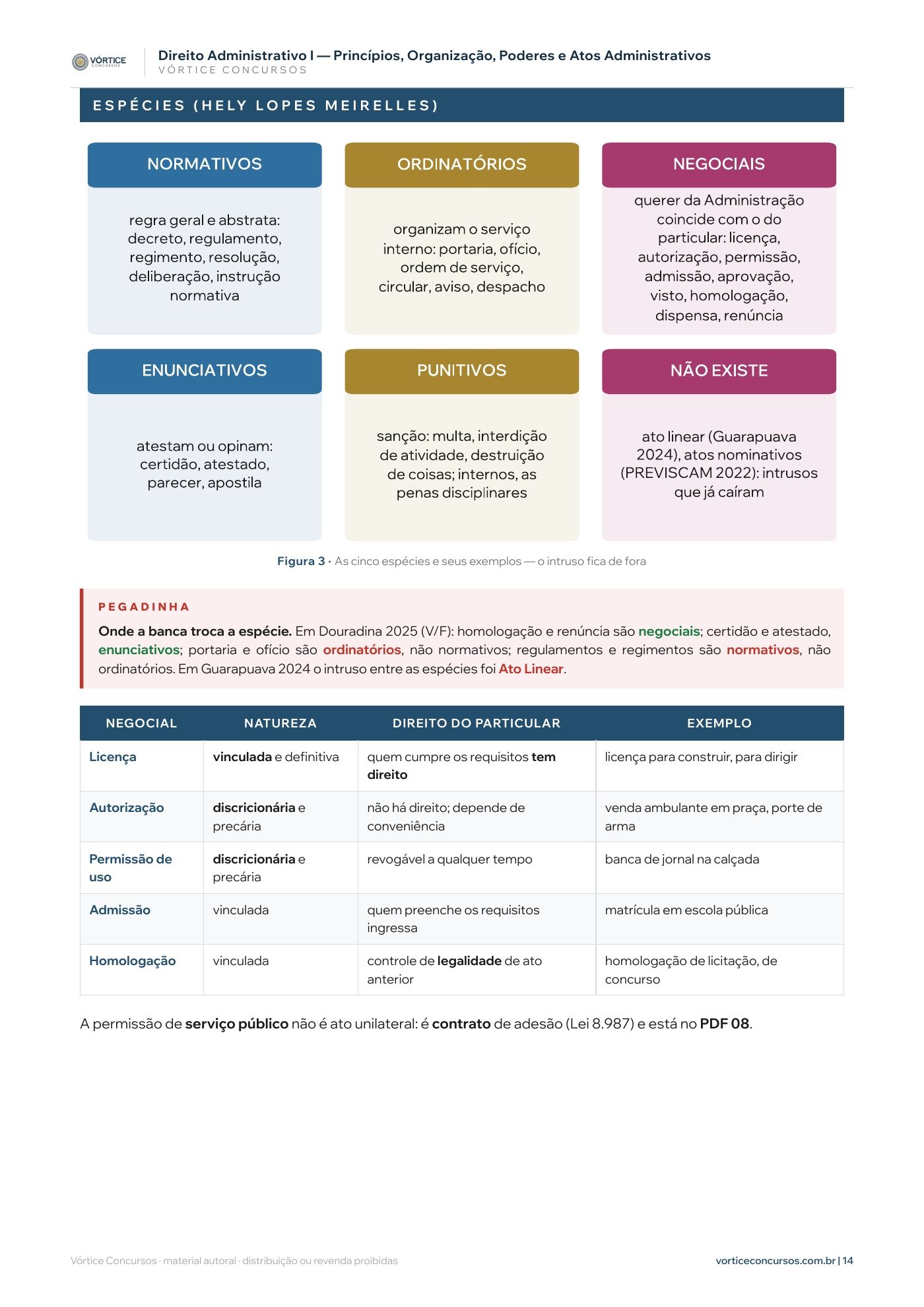 Página do resumo 07, com as espécies de ato administrativo e o quadro dos intrusos que já caíram